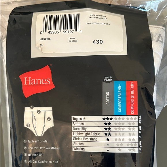 Hanes Men's White Tagless Briefs 6-Pack XL - Picture 5 of 8